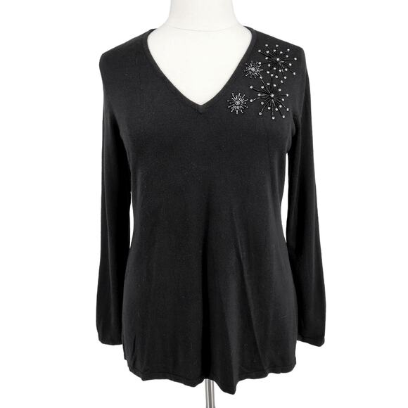 Jason Wu  V-Neck Sweater w/ Beaded Detail Size Large Black - Picture 3 of 7
